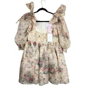 NWT Selkie The Garland Davinci Floral Bow Puff Sleeve Mini Dress Flowy Pink Sz M